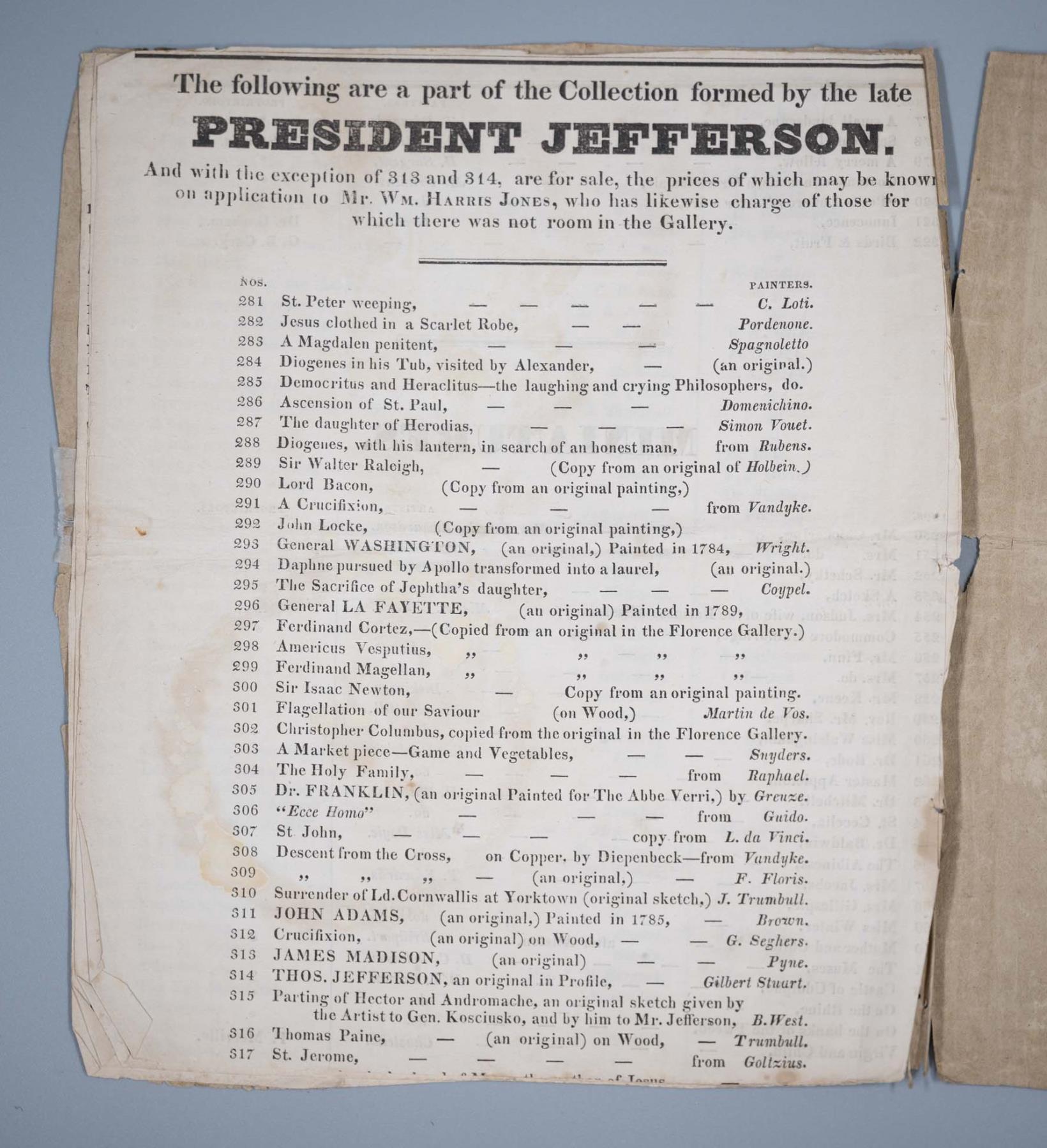 Printed list of Jefferson's paintings available for sale in the 1828 auction (see below for transcription and click image for more information)